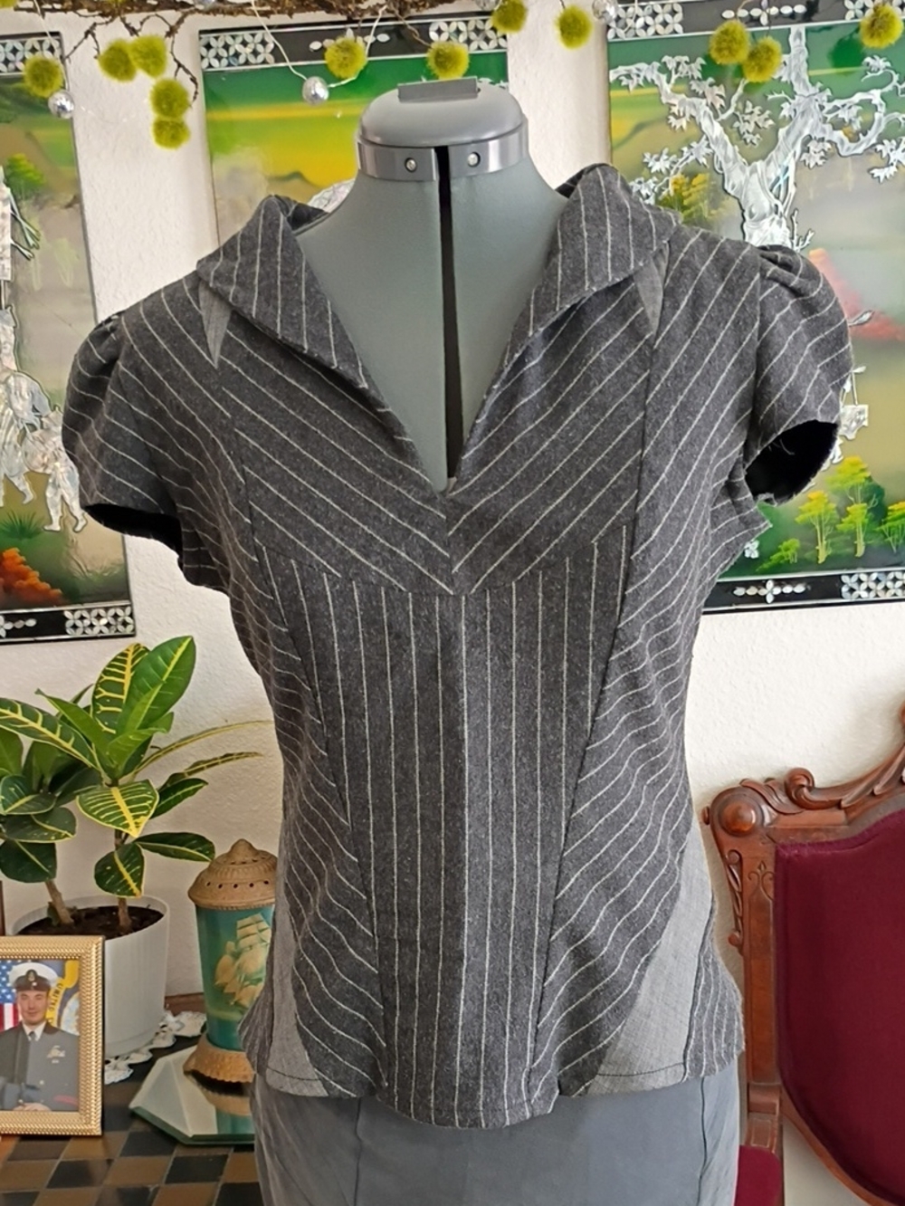 Amin Phillips Gray Wool Pinstripe Blouse Size Extra Small